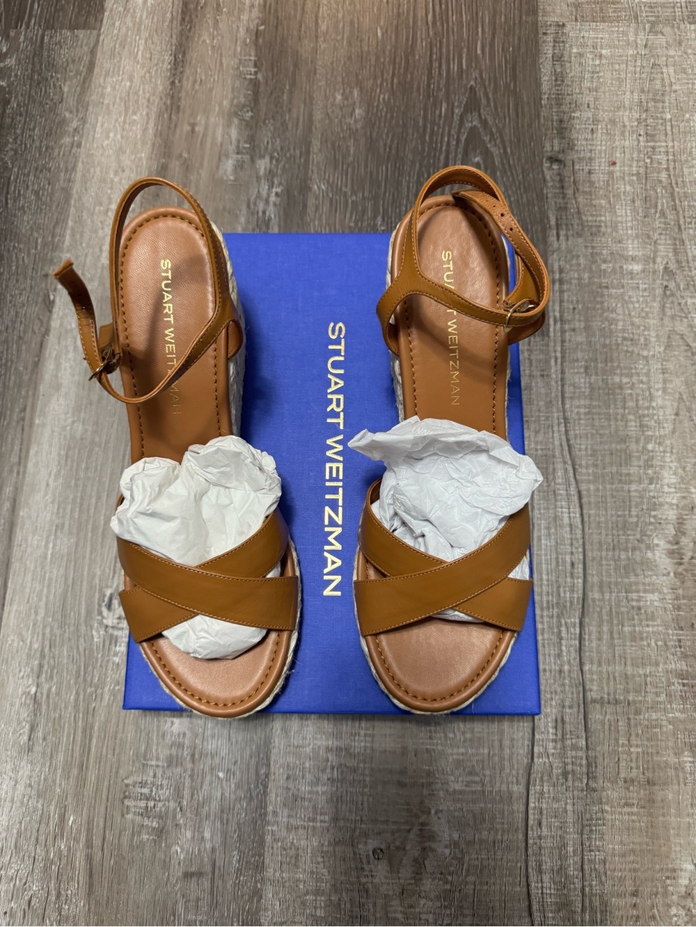 Stuart Weitzman Tan Leather Cross-Strap Ankle Sandals